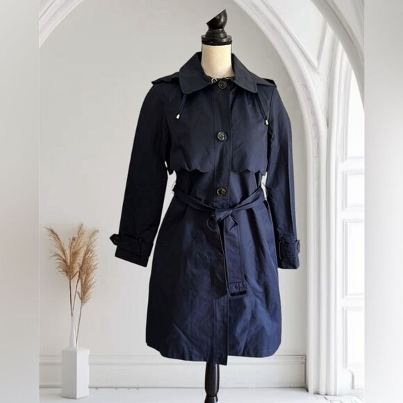 Kate Spade Scalloped Hooded Trench Coat Navy Blue Size S - Picture 4 of 16
